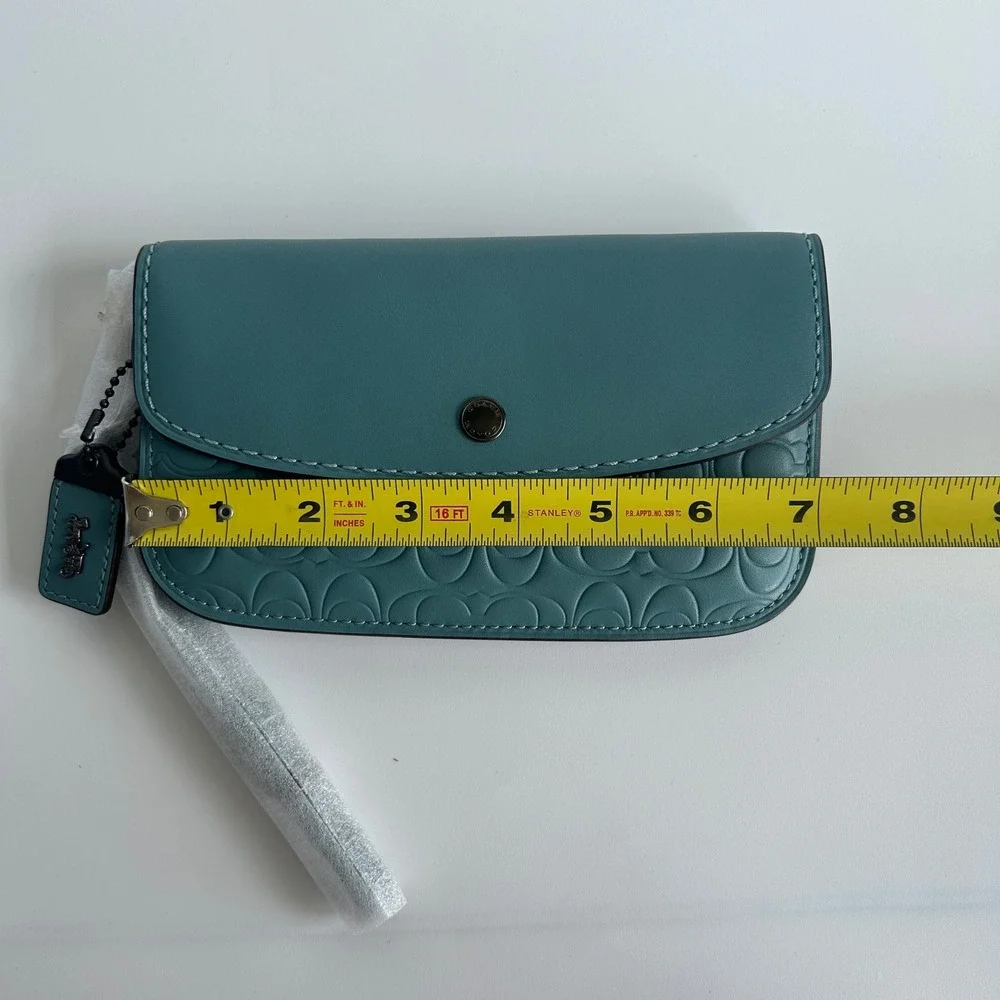 Coach Signature Leather Clutch Dark Turquoise Blue Wristlet NEW